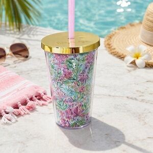 Lilly Pulitzer Floral Tumbler Cup w Straw Gold Lid BPA Free NWT